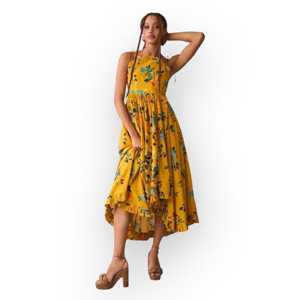 Anthropologie Maeve Midi High-Low Ruffle Dress, gold yellow Floral sundress